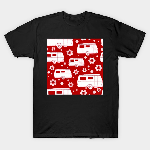 Vintage Caravan block print in red and white T-Shirt by NattyDesigns